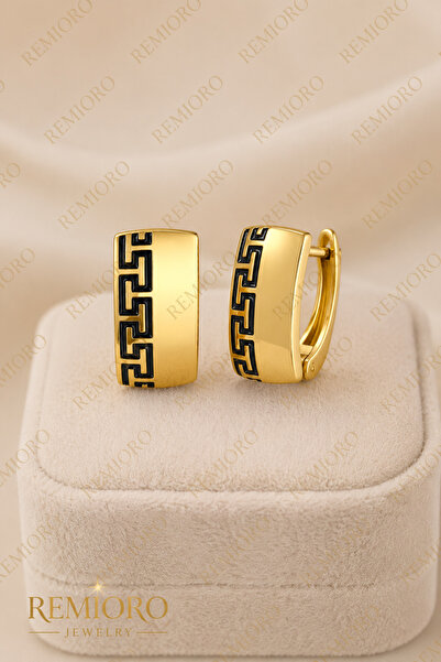 REMIORO Cercei dama placati cu aur 14K, model huggie geometric negru, semi-cr...
