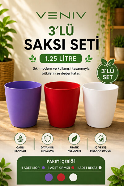 VENİV 3’lü Saksı Seti - Canlı Renkler, Modern Tasarım - Orkide Saksısı 1.25 L