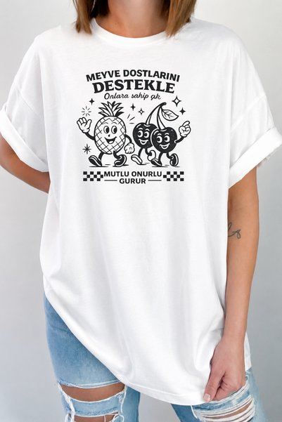 Impress Support Fruit Friends Printed Oversize T-Shirt, Happy Proud Pride Themed White Tshirt, Very Roomy Loose Fit Unisex T-Shirt, Positive Message