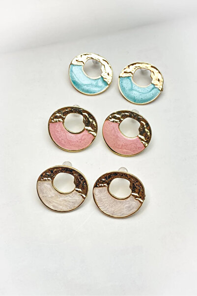roshel 3 Pairs Blue Pink Round Model Gold Color Earring Set