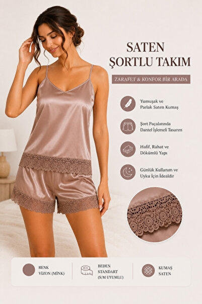 Tenique Kadın Saten Dantel İşlemeli Şort Pijama Takımı