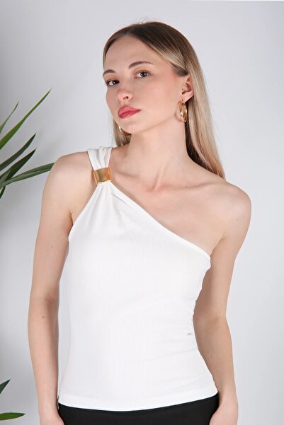 Veni Life Women's Ottoman Gold Accessory Detailed Sleeveless One-Shoulder Blouse