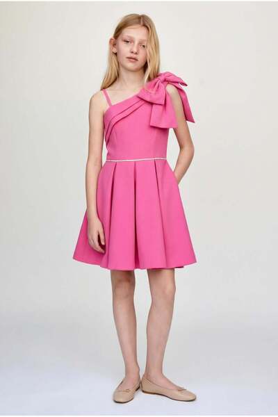 Magu Girl's Cotton Fuchsia One-Shoulder Dress with Bow Detail