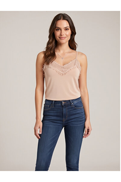 gökçesu Women's Lace Detailed, Thin Strap V-Neck Satin Look Stylish Blouse / ...
