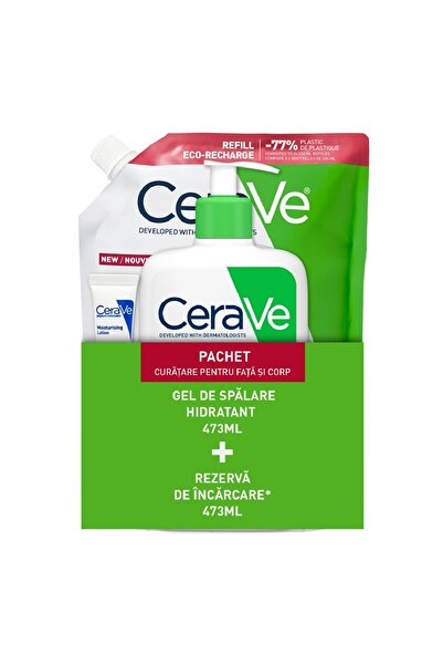 CeraVe Pachet Gel de curățare hidratant, 473 ml + Rezervă de gel de curățare ...