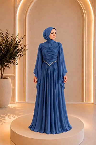 asyadabutik Kadın Taş Detaylı Yoryo Kumaş Göğüs Drapeli Abiye Nişan Nikah Düğ...