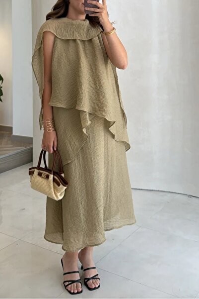 Suziş Khaki Shawl-Detail Flawed Flying Dress Per3446