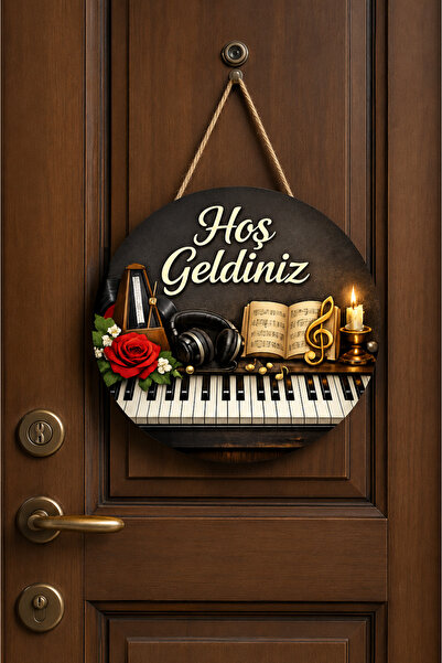 SHELİFE Piano Themed Welcome Door Ornament Round Wooden Door Decoration