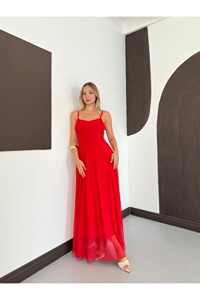 timagna Women's Dress with Straps, Draped Chiffon Lining, Maxi Length Dress