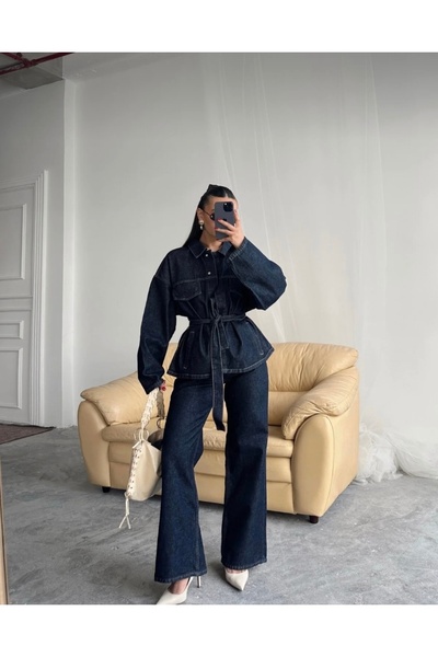 ginger love Cămașă de damă din denim albastru închis și pantaloni largi cu curea, set din 2 piese