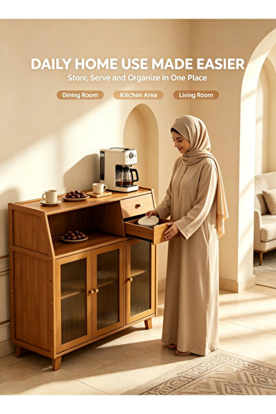 Generica Tea-brown bamboo and wood side cabinet for the dining area. Large-ca...