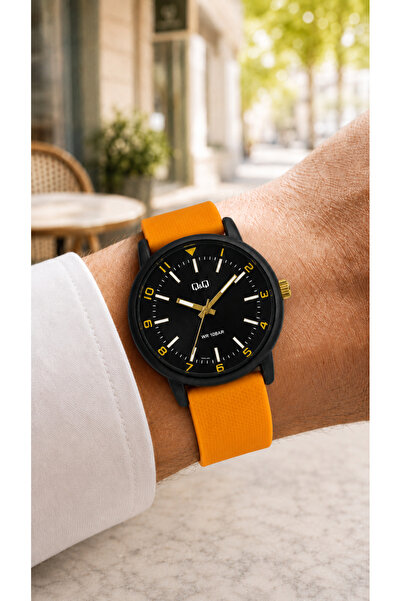 Q&Q Men's Orange Silicone Cord Black Dial 10 Bar Wristwatch 2 Year Warranty