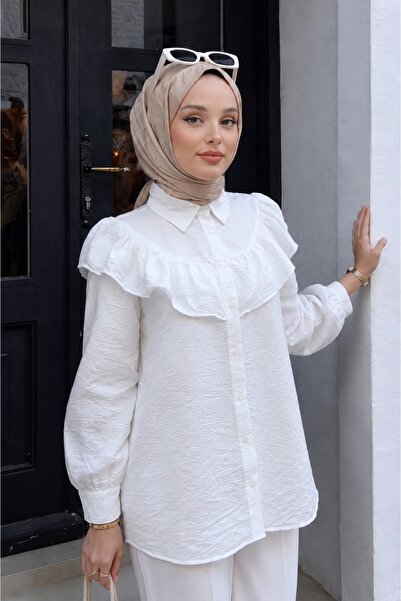 Lunfia Fırfırlı Düğmeli Rayon Tunik - Beyaz