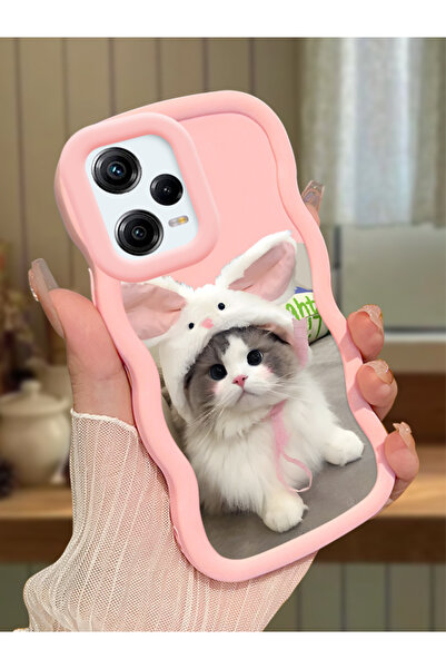 PATTERNOVA Redmi Note 12 Pro 5G Uyumlu Tavşan şapkalı kedi dalgalı kılıf, yum...