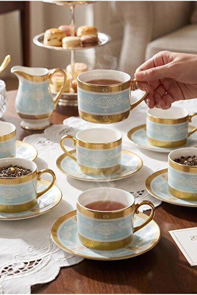 ALBETTO 6-Person Luxury Porcelain Turquoise Gold Turkish Coffee Cup Set (Gold)