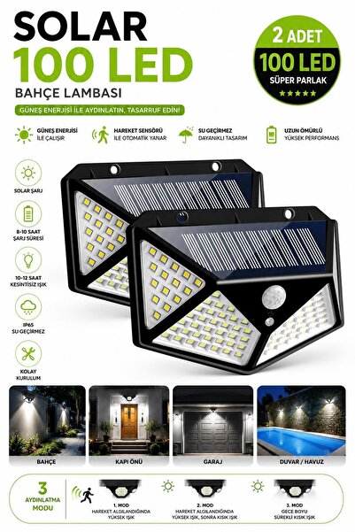 VİVVOV 2 Adet Solar 100 ledli Hareket Sensörlü Güneş Enerjili IP65 Bahçe Aydı...