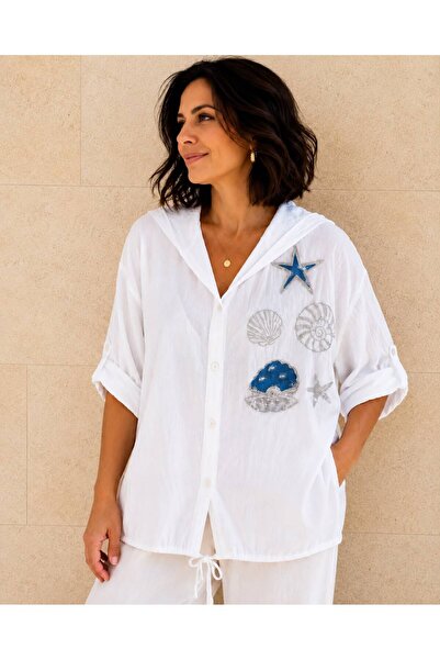 AGORATEKSTİL Women's Hooded Sequined Cotton Shirt 44-48