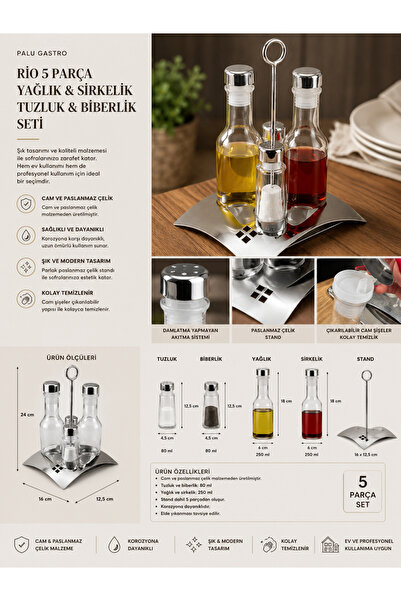 PALU GASTRO Rio 5 Piece Stainless Steel & Glass Oil Dispenser, Vinegar Dispen...