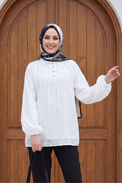 HİJABAYA Λινό τουνίκ oversized με κορδόνια στο λαιμό, κουμπιά και κεντητή επέ...