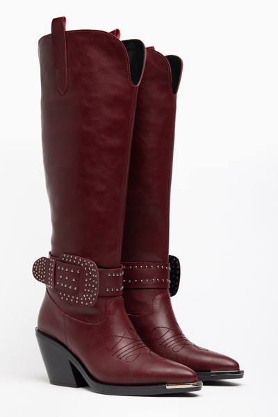 DENORA Burgundy Matte Leather Big Buckle Trok Detail Western Cowboy Knee-High...