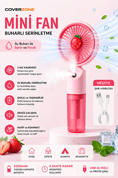 Coverzone Mini Fan Vantilatör Şarjlı Su Buharlı 3 Hız Kademesi Taşınabilir Ma...