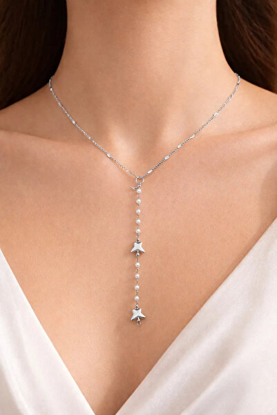 tesbihciniz Silver Color Crushed Chain Butterfly Pearl Ye Model Steel Necklace