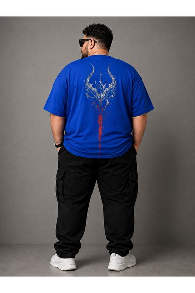ZAVIXO Men's Large Size Oversize Printed T-Shirt 100% Cotton Saks Blue Street...