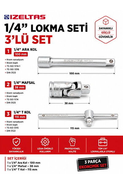 İzeltaş 1/4” Lokma Ara Kol Mafsal T Kol Üçlü Set