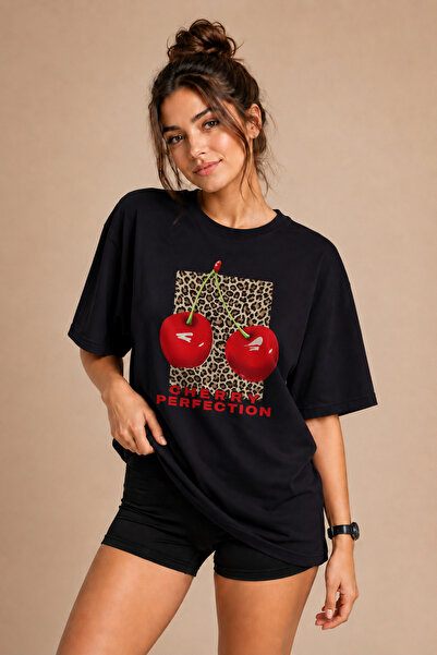 FECCY Premium Leopard Cherry Unisex Oversize Ženska Majica Muška Majica Pamuč...