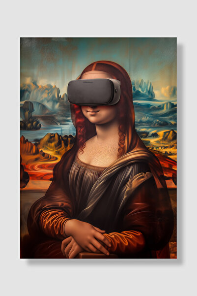 Luna Marissa Mona Lisa Poster VR Gözlüklü Modern Mizahi Tasarım Renkli Fon Du...