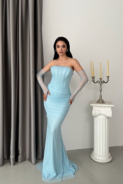 Serica Moda Bebe Mavi Straplez Taş İşlemeli Balenli Eldivenli Dantel Abiye El...
