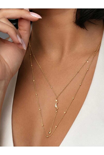 Evaa Jewelry Accessories Zarif Hilal ve Damla Figürlü Gold Renk Çoklu Kolye