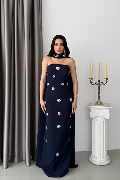 Serica Moda Navy Blue Strapless Floral Stone Embroidered Long Evening Dress w...