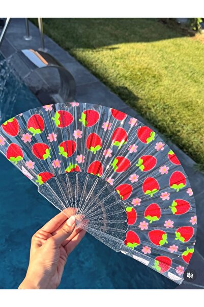 MODA MaisonLune Şeffaf Çilek Desenli Yelpaze Yazlık El Yelpazesi Katlanabilir...
