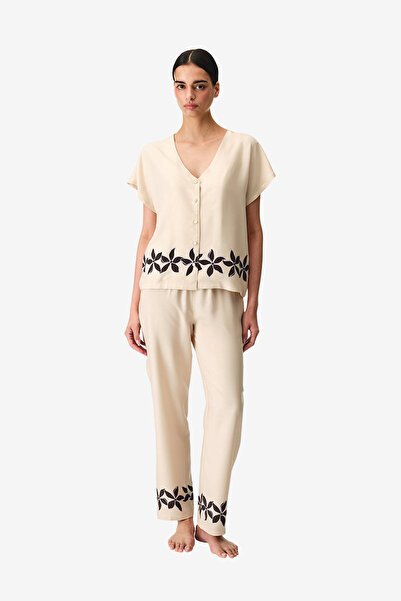 Penti Women Petal Short Sleeve Shirt Trousers Pastel Beige Set