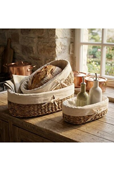 Yıldızan Avenika Store 3-Piece Wicker Oval Fabric Organizer Basket Set - Brea...
