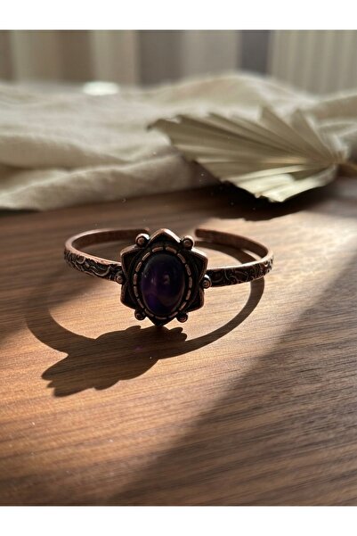 Meneva Aksesuar Elegant and Adjustable Copper Bracelet with Purple Agate Natu...