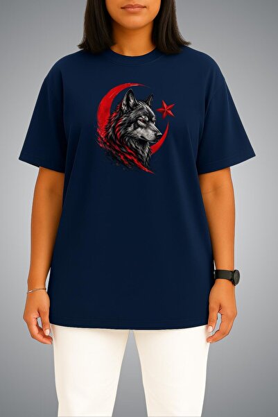 Bahriyeli Collection Oversize Red Moon and Wolf Chest Printed Unisex T-Shirt