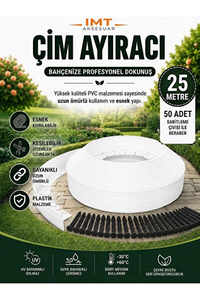 İMT AKSESUAR Esnek PVC Çim Ayırıcı Bahçe Peysaj Düzenleyici (25 Metre Beyaz) ...