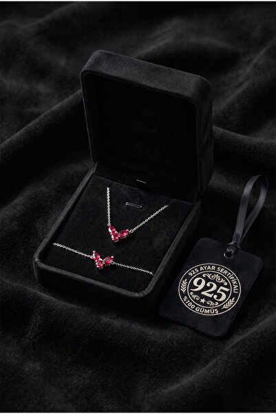 Roza Silver 925 Ayar Gümüş Yakut Renk Üç Taşlı Minimal Kalp Kolye Bileklik 2'...