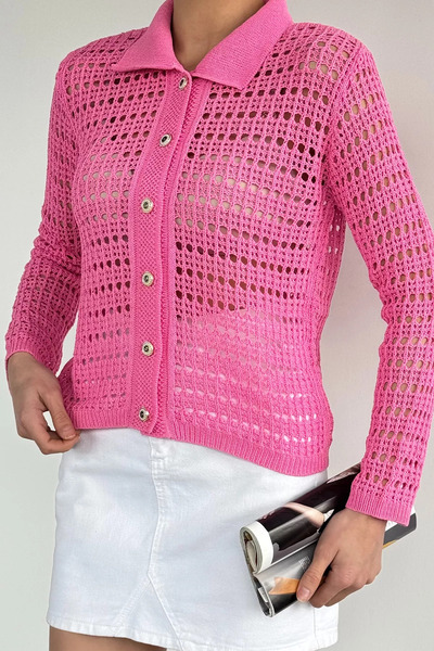 Aryena Pink Gülseli Women's Polo Collar Openwork Front Buttoned Knitwear Card...