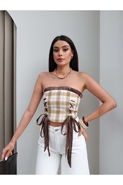 ESRAHELVACI Plaid Pattern Strapless Blouse