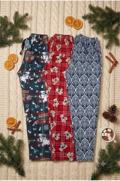 Pi Giyim 3-Piece Women's Suede Pajama Bottom Set with Red Teddy Bear and Flor...