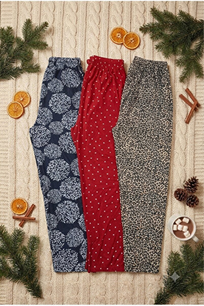 Pi Giyim 3-Piece Women's Suede Pajama Bottom Set with Heart and Leopard Pattern