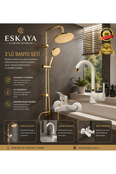 ESHOME Eskaya Set of 3 Gold Robot Shower Bathroom Sink Faucet Luxury White Th...