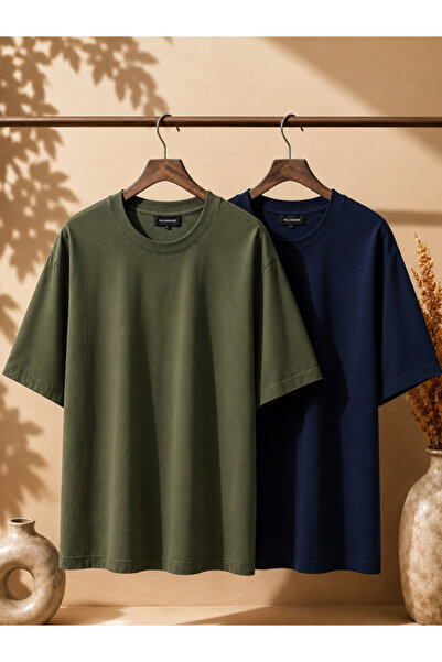 MİLANDORE 2'li Paket Unisex Haki-Lacivert Oversize T-shirt Seti - Bisiklet Ya...