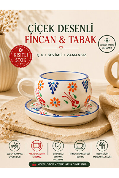 cekud tasarım baskı Çiçek Desenli Seramik Fincan ve Tabak Seti – Dekoratif Ka...
