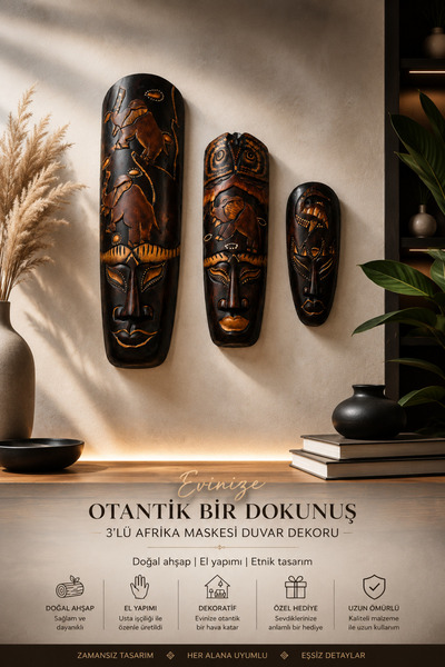 SultanofAura 3’lü Afrika Maskesi Duvar Dekoru Doğal Ahşap El Yapımı Etnik Boh...