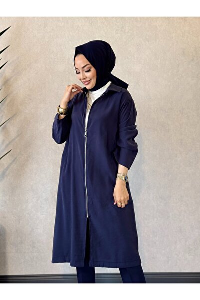 ALANURMODA 24431 قبعة طويلة بأكمام سميكة وسحاب باللون الأزرق الداكن