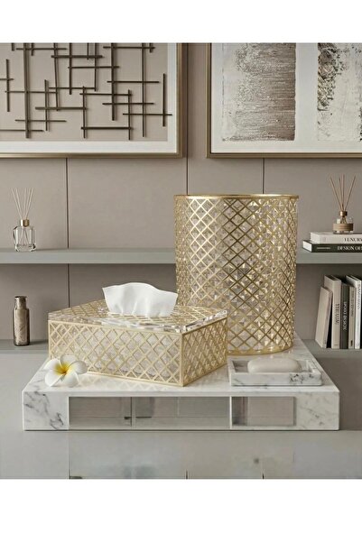 Noor Set of Basket and Tissue Box with Geometric Pattern in Gold Color
